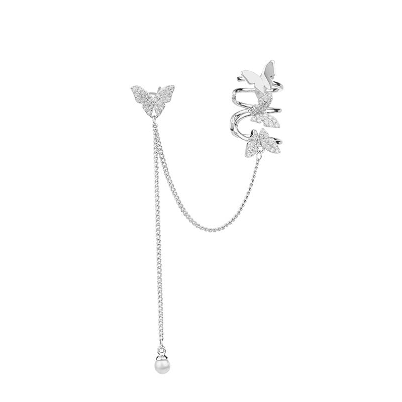 Dainty Butterfly Cuff Earring for Women Girls 925 Sterling Silver Post Shell Pearl Chain Drop Dangle Cubic Zirconia Butterflies Ear Wrap Climber Crawler Fashion Birthday Jewelry Gifts 1 PCS (Silver)