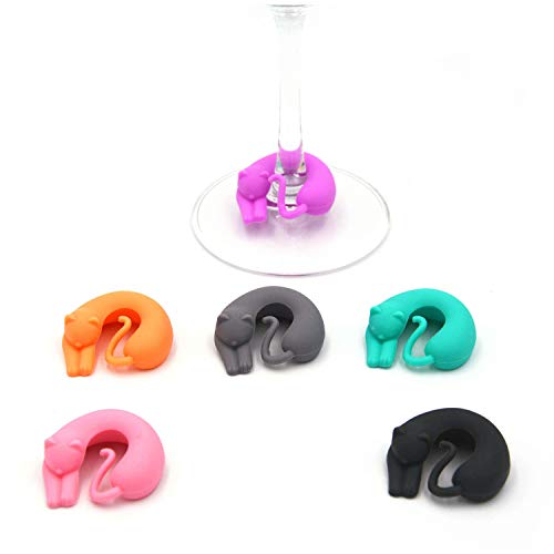 Funny Kitty Drink Markers, Wosoova Pet Cat Silicone Cocktail Champagne Wine Glass Charms Tags, Set of 6
