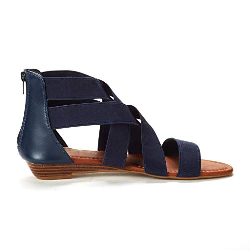 Women's Summer Comfort Ankle Low Wedges Sandals Cross Elastic Strap Open Toe Gladiator Flat Shoes Blue