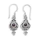Garnet Cabochon Earrings Scroll and Bead Antiqued Sterling Silver