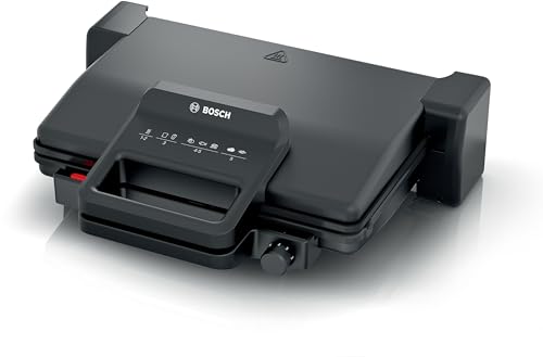 Bosch Bistecchiera TCG3323, 3 Posizioni di Cottura, 5 Livelli di temperatura, 2000W, Piastre Grill in Alluminio Rimovibili e Lavabili in Lavastoviglie, Rivestimento Ceramico Antiaderente, Nero