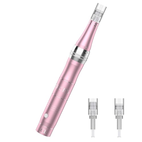 PELCAS Derma pen Elektrischer Mikroneedling Schönheit Pen Mikronadelstift Wiederaufladbar Verstellbar Länge mit 3 Geschwindigkeiten inkl. 3 Ersatzköpf