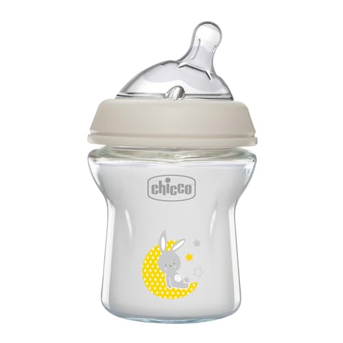 Chicco Natural Feeling Anti-Colic Bottle 0 Months + 150 ml in Glass, Baby Bottle with Teat in Soft and Flexible Silicone, Suitable for Mixed Breastfeeding, Slow Flow, Neutral Colour