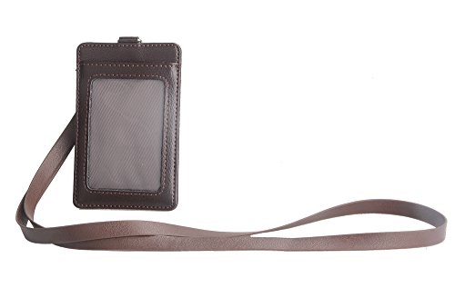 SeptCity ID Badge Holder with 1 ID Window &2 Card Slots and Detachable Neck Lanyard/Strap, 2-Sided Vertical Leather ID Card Case (12Colors) (Coffee)