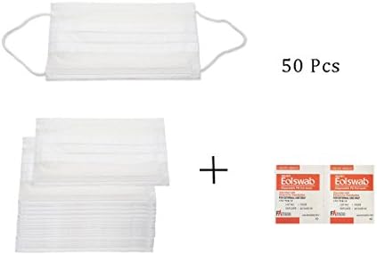 50 Pcs Disposable 3-Ply Earloop Face Mask Dust Filter Mouth Cover , 10 Pieces Alcohol Pads Included (White)