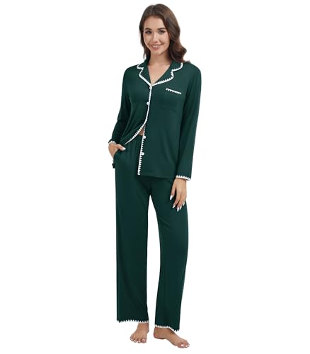 WiWi Women's Pajama Set Long Sleeve and Pants Sleepwear with Pockets Soft 2 Piece Viscose from Bamboo PJs Sets S-XXL, Blackish Green, X-Large at Amazon