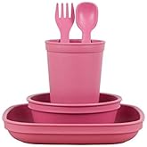 Re-Play Kids Dinnerware Set - 10 oz. Open Cup, 7" Flat Plate, 12 Oz. Bowl, Rounded Tip Fork and Deep Scoop Spoon - Dishwasher/Microwave Safe - Made in USA - Pink