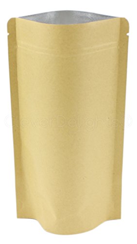50 Pack - CleverDelights Kraft Stand-Up Pouches - 4oz - 5" x 8" x 2.5" - Barrier Lined with Zipper Lock