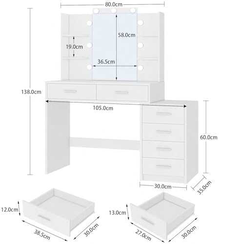 TEENFON Vanity Desk with 6 Drawers, 6 Open Shelves, Makeup Vanity with Mirror and Lights, Dressing Table with 3 Lighting Color Adjustable, Bedroom, White