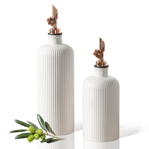 Dizada Olive Oil Dispenser Bottle for Kitchen, (22 Oz+14 Oz) Ceramic Olive Oil and Vinegar Bottles Dispenser with Stainless Steel Spout, Set of 2