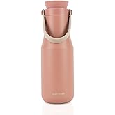 LocknLock Metro Tumbler Stainless Steel Vacuum Insulated Double Cap Travel Mug - Water Coffee Cup w/Hand Strap for Home, Office, Outdoor Works Great for Cold Drinks and Hot Beverages (Pink, 16oz)