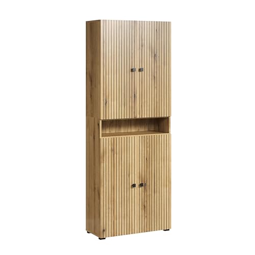 trendteam smart living PureBliss Evoke - Armario Alto (70 x 186 x 31 cm, Aspecto de Ranuras), diseño de Ranuras, 1 Compartimento Abierto y 4 estantes, Color Roble