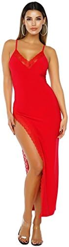 shelovesclothing Women's Sexy Black/Red V Neck Plunge Slit Party Maxi Dress