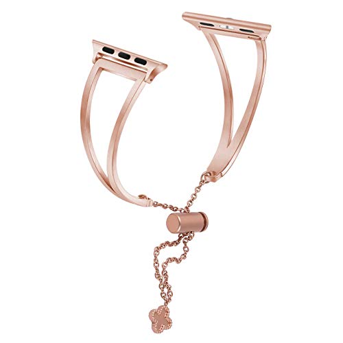hooroor Bracelet Compatible for Apple Watch Band 38mm 40mm/42mm 44mm, Feminine Bangle Cuff with Clover Pendant for iWatch Bands Series 4 3 2 1 Stainless Steel Metal Wristband Strap (Gold, 42 mm 44mm)