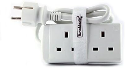 Travel Adapter LITHUANIA Power Plug Strip Multi Safe Extension Lead 2 Inputs Ultra Compact Cord for International Vacation 2 Pin Grounded Type F plug 2 type G Sockets 1.0 m White