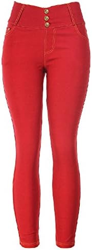 C.A. Womens Denim and Solid-Colored Ultra Stretchy Skinny Jeans Jegging Collection (Red-3904 S/M)