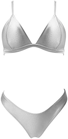 LEESMILE Women Brazilian Top Thong Cheeky Bottom Spaghetti Strap Swimsuit Bikini Set(S(US Size 2-4),Gray)