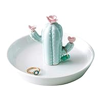 WANYA Cactus Ceramic Ring Jewelry Holder Decor Dish Organizer, Green Cactus with Little Flowers