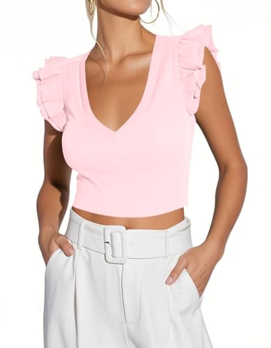 Ezbelle Women's Summer Shirts V Neck Tops Crop Tank Ruffle Sleeveless Pink at Amazon
