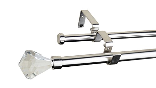 Furnishland Brushed Steel Window Curtain Double Rod Set, Crystal Finial, 3/4-inch Diameter Adjustable 48-inch to 84-inch Metal Rod
