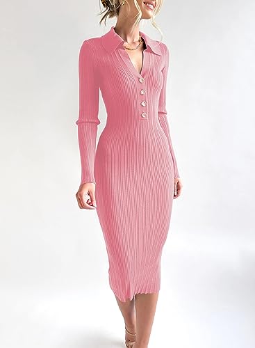 BLENCOT WOMEN’S BUTTON FRONT V NECK LONG SLEEVE PENCIL BODYCON DRESS CASUAL SOLID LAPEL KNIT SWEATER MIDI DRESSES PINK L