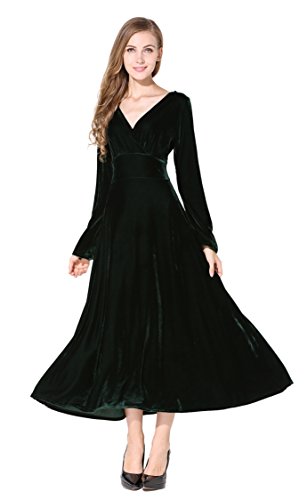 Women's Long Sleeve Big Hem Flouced Velvet Stretchy Party Dress Green Medium