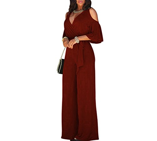 Lkous women s sexy deep v neck cold shoulder wide leg jumpsuit wi…