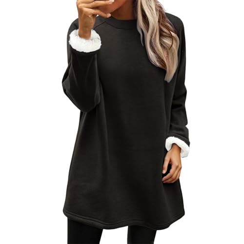 Women's Fleece Lined Sweatshirt Long Sleeve, Casual Crew Neck Tunic Top with Plush Thermal Lining, Ladies Warm Fleece Jumper Cozy Pullover for Lounge and Outdoor Wear Black S
