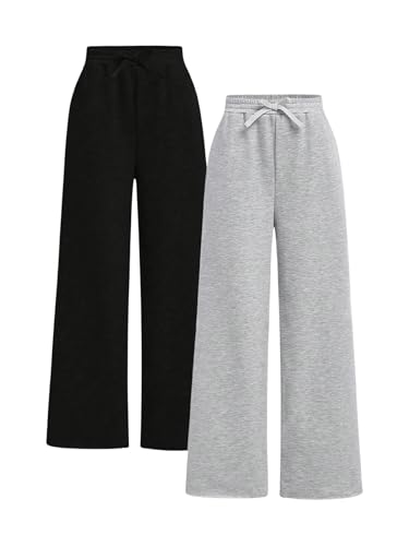 RoseSeek Girl's 2 Pack Sweatpants Elastic Waist Wide Straight Leg Pants High Waisted Casual Baggy Jogger Pants