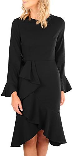 Women Sexy Delicate Ruffle Accent Long Bell Sleeve High Low Mermaid Work Out Business Midi Dress