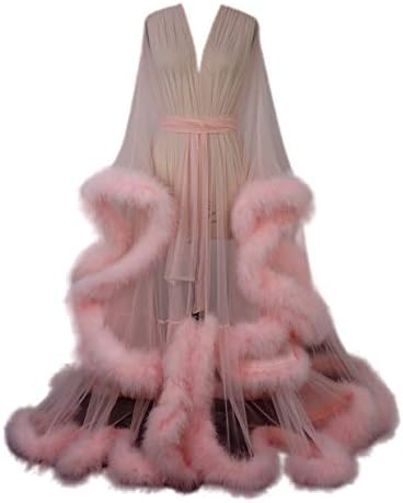 Thick Feather Evening Dress Frou Frou Long Sleeve Dressing Gown Robe Scarf Party Gown School Dance Dress