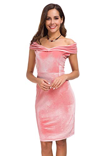 Womens Vintage Off Shoulder Shawl Velvet Bodycon Dresses Sexy Midi Slim Fit Dress for Party Cocktail Formal Evening Wedding Gowns Pink - Thumbnail 3