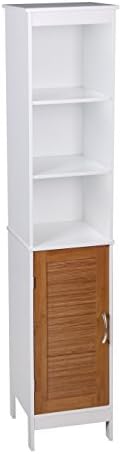Right Deals UK Amazonica Modern Bamboo & White Tall Bathroom Cabinet 1 Door 3 Shelves - Bathroom Collection (Tall Bathroom Cabinet, Bamboo & White)