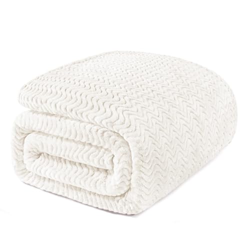 Exclusivo Mezcla King Size Fleece Blanket for Bed, 230x265 CM Cozy Lightweight Blankets for All Season, Decorative Giftable Fuzzy Plush Wave Textured Suitable for Women, Men, Ivory