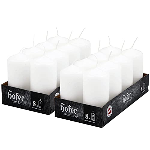 Hofer Small Pillar Candles - Set of 16 Unscented White Candles in Bulk - 4,5 x 9 cm - 15 Hours Long Lasting Decor Candles - Non Drip Wax - Smokeless Wick - RAL Quality - Made in Austria
