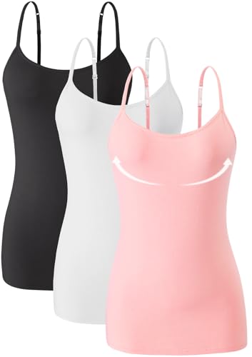 Knuffnee Damen Baumwolle Unterhemd Regal Bh Unterhemden Verstellbaren Spaghetti Top 3Er Pack Schwarz/Weiß/Rosa M