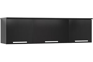 Prepac Coal Harbor Floating Cabinet, Wall Mounted Hutch with 3 Doors, Self Closing Hinges for Office, Living Room, and Bedroom Ideal for Storage and Organization, 12.5"D x 47.25"W x 13"H, Black