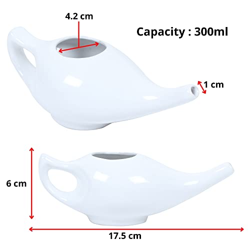 Qimacplus Leak Proof Durable Ceramic Neti Pot Comfortable Grip with 10 Sachet Neti Salt, Lightweight neti Pot Ceramic | Natural Treatment for Sinus and Congestion 9 oz Capacity (White)