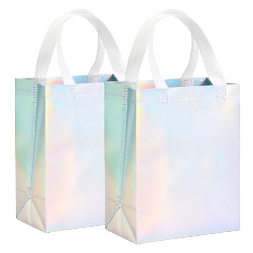Photo 1 of 100 Pcs Iridescent Glossy Gift Bags Medium Size, 8x4x10 In Holographic Reusable Gift Bags with Handles & Sturdy Base, Ideal for Birthday, Wedding, Bachelorette, Party Favors, Holiday Goodie Bag