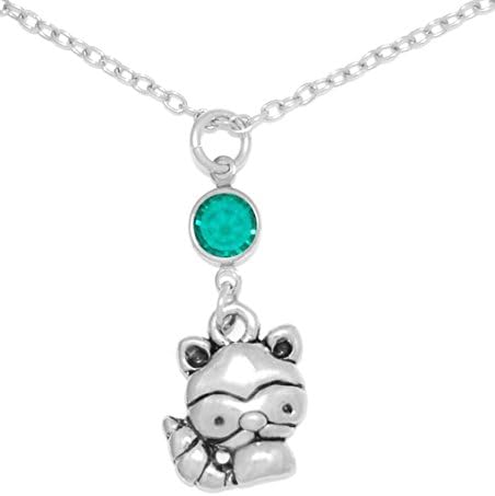 Clayvision Raccoon Racoon Bandit Charm Necklace w/ Emerald Colored Crystal May