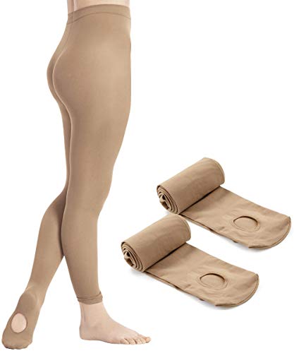 DIPUG Ballet Tights for Girls Durable Ultra Soft Transition Convertible Footless Dance Tight for Toddler (Light Suntan 2 Tights, S)