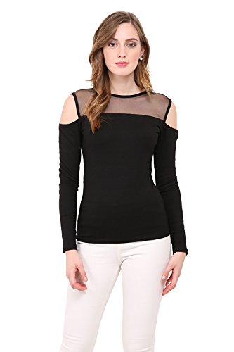 le bourgeois net yoke round neck cotton t-shirt for women