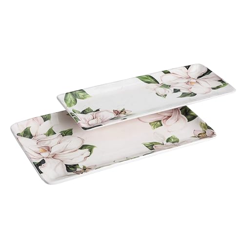 Bico Magnolia Floral Ceramic 35 cm Rectangular Serving Platter, Set of 2, for Serving Salad, Pasta, Cheese, Ham, Appetizer, Microwave & Dishwasher Safe