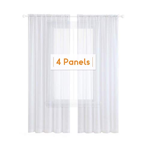 Anjee 4 Panels White Sheer Curtains 45 Inches Long, Rod Pocket Window Treatment Sheer Voile Drapes for Bedroom, Living Room, Kitchen, W54 x L45 Inch