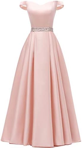 YGSY Women's Off The Shoulder Beaded Satin A-line Evening Prom Dress Long Formal Gown with Pockets