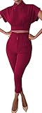 Jiujiuyi Women's Turn-down Collar Crop Top and Pants Set