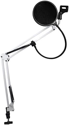 Dragonpad USA Microphone Scissor Boom Arm with Desk Mount and Studio Pop Filter - White Frame, Black Filter