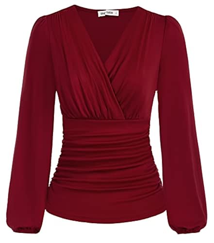 Womens Long Sleeve Tops Vintage V Neck Wrap Top Slim Fitted Casual