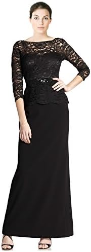 Teri Jon Lace Top Peplum 3/4 Sleeve Evening Gown Dress Black