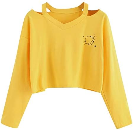 HiGOGO Fashion Womens Planet Printed Causal Tops,V Neck Long Sleeve Off The Should Crop Top Sweatshirt Blouse for Teen Girls